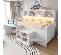 xixiworkshop Cama individual de madera maciza de 90 × 200 cm, escritorio combinado y práctico espacio de almacenamiento, diseño moderno en color blanco