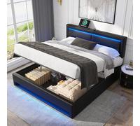 xixiworkshop Cama tapizada de 140 x 190 cm con espacio de almacenamiento, sin colchón, funda de poliuretano con efecto de piel de lichia, color negro