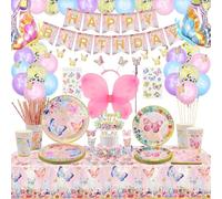 XJLANTTE 175 piezas de decoración de fiesta de mariposas, globos de mariposa, pancarta, decoración para tartas, platos, vasos y manteles para niñas y mujeres, sirve para 20 invitados, rosa-l