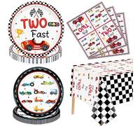 XJLANTTE 61 piezas de decoración para fiesta de segundo cumpleaños de dos autos de carreras rápidos: platos de autos de carreras, servilletas, mantel, sirve para 20 invitados (dos juegos Fast-20)