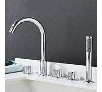 XJTNLB Grifo de Bañera 5 Agujeros Grifo Ducha para Borde de Bañera | Caño Alto Cuello de Cisne, Grifo Bimando con Ducha Extensible y Caño Giratorio 360° Conexión G 1/2", Cromado