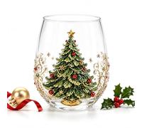 XKrmp 3D Christmas Tree Glass Art Cup, 12 Oz Raised Holiday Drinkware (F)