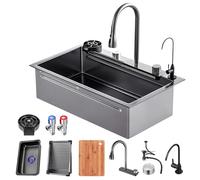 XL - Fregadero de cocina de acero inoxidable negro de 80 x 50 cm, cuenco individual con drenaje y sifón, diseño moderno de cascada, fácil de limpiar para cocinas elegantes