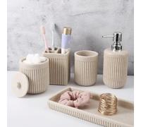 XLHOMO Juego de 5 accesorios de baño de resina beige, dispensador de jabón de loción, soporte para cepillo de dientes, vaso de baño, soporte Qtip y bandeja de tocador, juego organizador de encimera de