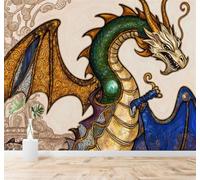 XLMING Alas Doradas Escamas Verdes Fantasía Dragón Arte 3D Papel Pintado Tapiz Textura de Seda Oficina Comedor Sofá Dormitorio Sala Estar TV Fondo Pantalla-300cm×210cm