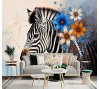 XLMING Azul Flores Naranjas Abstracto Animales Cebra Arte 3D Papel Pintado Tapiz Textura de Seda Oficina Comedor Sofá Dormitorio Sala Estar TV Fondo Pantalla-400cm×280cm