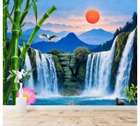 XLMING Bambú Cascada Amanecer Aves Loto 3D Papel Pintado Pared Premium Textura Seda Estudio Comedor Vinilos Dormitorio Sofás TV Cocina-200cm×140cm