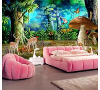 XLMING Belleza Fantasía Bosque Setas Ciervo Papel Pintado 3D Seda De Lujo Pared Estudio Comedor Sofa Dormitorio Madera Salon Tv Decorativo-250cm×170cm