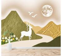 XLMING Ciervo Blanco Luna Montañas Flores Silvestres Pájaros Paisaje Natural 3D Papel Pintado Tapiz Textura de Seda Oficina Comedor Sofá Dormitorio Sala Estar TV Fondo Pantalla-150cm×105cm
