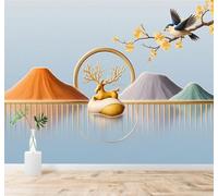 XLMING Ciervo Dorado Montaña Pájaros Flores Paisaje 3D Papel Pintado Tapiz Textura de Seda Oficina Comedor Sofá Dormitorio Sala Estar TV Fondo Pantalla-350cm×256cm