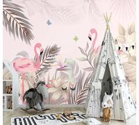 XLMING Dibujado A Mano Rosa Hojas De Palmera Flamencos Mariposas Papel Pintado 3D Seda De Lujo Pared Estudio Comedor Sofa Dormitorio Madera Salon Tv Decorativo-250cm×170cm