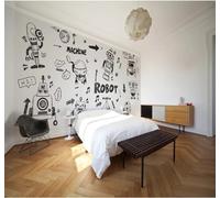 XLMING Dibujos Animados Blanco Y Negro Dibujado A Mano Líneas Robot 3D Papel Pintado Tapiz Textura de Seda Oficina Comedor Sofá Dormitorio Sala Estar TV Fondo Pantalla-250cm×170cm