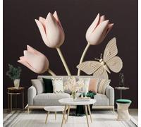 XLMING Elegancia Tulipanes Rosas Mariposas Minimalismo Flores 3D Papel Pintado Tapiz Textura de Seda Oficina Comedor Sofá Dormitorio Sala Estar TV Fondo Pantalla-250cm×170cm