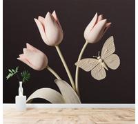 XLMING Elegancia Tulipanes Rosas Mariposas Minimalismo Flores 3D Papel Pintado Tapiz Textura de Seda Oficina Comedor Sofá Dormitorio Sala Estar TV Fondo Pantalla-400cm×280cm