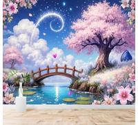 XLMING Fantasía Cerezos En Flor Rosados Puente De Madera Cielo Estrellado Paisaje 3D Papel Pintado Tapiz Textura de Seda Oficina Comedor Sofá Dormitorio Sala Estar TV Fondo Pantalla-350cm×256cm