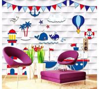 XLMING Faro De Dibujos Animados Globo Aerostático Árbol De Coco Delfín 3D Papel Pintado Pared Premium Textura Seda Estudio Comedor Vinilos Dormitorio Sofás TV Cocina-250cm×170cm