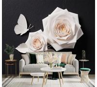 XLMING Fondo Negro Bonito Tridimensional Rosa Blanca Mariposa 3D Papel Pintado Tapiz Textura de Seda Oficina Comedor Sofá Dormitorio Sala Estar TV Fondo Pantalla-250cm×170cm