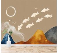 XLMING Minimalista Pez Pequeño Montañas Luna Nubes Arte 3D Papel Pintado Tapiz Textura de Seda Oficina Comedor Sofá Dormitorio Sala Estar TV Fondo Pantalla-400cm×280cm