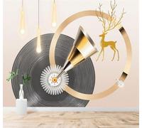 XLMING Motivo De Ciervo Dorado Geométrico Abstracto Disco De Vinilo Luces 3D Papel Pintado Pared Premium Textura Seda Estudio Comedor Vinilos Dormitorio Sofás TV Cocina-250cm×170cm