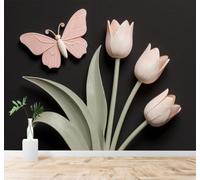 XLMING Sencillo Bonito Mariposas Rosas Tulipanes Hojas Verdes 3D Papel Pintado Pared Premium Textura Seda Estudio Comedor Vinilos Dormitorio Sofás TV Cocina-430cm×300cm