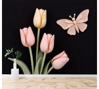 XLMING Tulipanes Rosas Mariposas Fondo Negro Flores Arte 3D Papel Pintado Pared Premium Textura Seda Estudio Comedor Vinilos Dormitorio Sofás TV Cocina-400cm×280cm