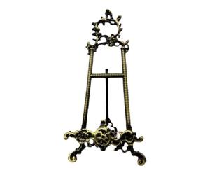XLWLLNJ Soporte Expositor de Latón Caballete Atril Soporte para Cuadros Ornamental con Filigrana y Apertura Redondeada Aleación de Zinc con Marco Tipo Trípode, Pequeño, Bronce Con Patrón Floral