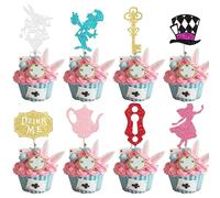 Xsstarmi 24 paquetes de adornos para cupcakes de Wonderland con purpurina, conejo, mad hatter, cupcakes, decoración para fiestas de té de Alicia para niños, fiesta de cumpleaños