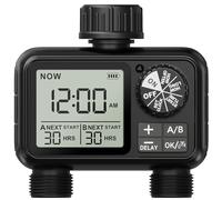 Xtsuen Ordenador de riego, Reloj de riego con retardo de Lluvia/Modo automático y Manual, IPX5 Resistente al Agua/Pantalla Grande Pantalla LCD Temporizador de Agua para jardín césped (2 Salidas)