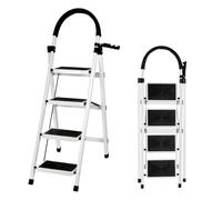 XUANYU Escalera Plegable de 4 Peldaños, Estructura de Acero, Plataformas Antideslizantes y Pasamanos, Escalera de Tijera para Hogar Oficina y Tareas Domésticas (Blanco, 4 peldaños)