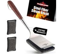 XUDAKAIXIN Cepillo de limpieza a vapor sin cerdas, almohadilla de fibras de acero perfecto para cualquier parrilla, con mango de madera de acero inoxidable extendido y 1 cabezal de repuesto, limpiador