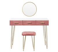 Xumh2024-3 tocador Make Juego de tocador con Espejo Redondeado, 3 cajones deslizantes, Mesa Maquillaje Moderna for Dormitorio y Taburete Acolchado for Mujeres niñas Gabinete de organizadores(Pink)