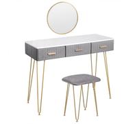 Xumh2024-3 tocador Make Juego de tocador con Espejo Redondeado, 3 cajones deslizantes, Mesa Maquillaje Moderna for Dormitorio y Taburete Acolchado for Mujeres niñas Gabinete de organizadores(Grey)