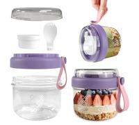 xyuayamz Overnight Oats Jar, Porta Yogur, Portátil Taza de Cereales con Caja y Cuchara, Vasos Yogurtera con Tapa para Guardar Avena, Yogur, Fruta, Desayuno, Salad To Go, 650 ml, Morado