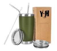 Y·JH 20oz (550ml) Taza Termo Cafe Para Llevar - Vaso Con Pajita - Taza Térmica de Acero Inoxidable Reusable - 2 Tapas a Prueba de Salpicaduras Pajitas - Verde Militar