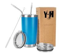 Y·JH 20oz (550ml) Taza Termo Cafe Para Llevar - Vaso Con Pajita - Taza Térmica de Acero Inoxidable Reusable - 2 Tapas a Prueba de Salpicaduras Pajitas - Azul Celeste