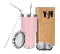 Y·JH 30oz (850ml) Taza Termo Cafe Para Llevar - Vaso Con Pajita - Taza Térmica de Acero Inoxidable Reusable - 2 Tapas a Prueba de Salpicaduras Pajitas - Rosa