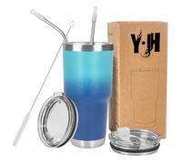 Y·JH 30oz (850ml) Taza Termo Cafe Para Llevar - Vaso Con Pajita - Taza Térmica de Acero Inoxidable Reusable - 2 Tapas a Prueba de Salpicaduras Pajitas - Turquesa&Azul