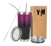 Y·JH 30oz (850ml) Taza Termo Cafe Para Llevar - Vaso Con Pajita - Taza Térmica de Acero Inoxidable Reusable - 2 Tapas a Prueba de Salpicaduras Pajitas - Morado&Negro