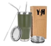 Y·JH 30oz (850ml) Taza Termo Cafe Para Llevar - Vaso Con Pajita - Taza Térmica de Acero Inoxidable Reusable - 2 Tapas a Prueba de Salpicaduras Pajitas - Verde Militar