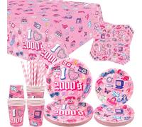 Y2K Party Supplies - Vajilla de fiesta de los años 2000 - Platos de cena, platos de postre, vasos, servilletas, manteles y pajitas para niñas y mujeres, suministros para fiestas de cumpleaños, color