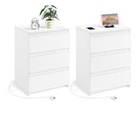 Yaheetech 2pcs Mesitas de Noche con Estación de Carga y 3 Cajones 45,5x35,5x60,5 cm Mesillas de Noche Vintage Cable 2M Blanco para Dormitorio Mesita de Madera MDF Blanco