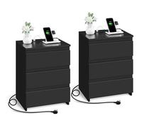 Yaheetech 2pcs Mesitas de Noche con Estación de Carga y 3 Cajones 45,5x35,5x60,5 cm Mesillas de Noche Vintage Cable 2M para Dormitorio Negra Mesita de Madera MDF