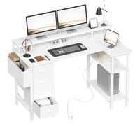 Yaheetech Escritorio Esquinero con 4 Cajones de Tela, 120x68cm Escritorio en L Reversible con 2 Puertos de Carga USB y 2 Enchufes, Mesa en L con Estante para Monitor para Oficina en Casa, Blanco