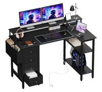Yaheetech Escritorio L con 4 Cajones, 120x68cm Mesa Escritorio Gaming en L con Soporte para Monitor, 2 Enchufes y 2 Puertos USB, Escritorio Esquina Reversible Trabajo y Juegos, para Oficina, Negro