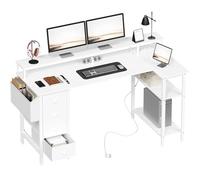 Yaheetech Escritorio L con 4 Cajones, 140x68cm Mesa Escritorio Gaming en L con Soporte para Monitor, 2 Enchufes y 2 Puertos USB, Escritorio Esquina Reversible Trabajo y Juegos, para Oficina, Blanco