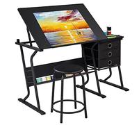 Yaheetech Mesa de Dibujo Reclinable con Taburete con 3 Cajones