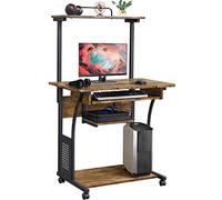 Yaheetech Mesa Ordenador con Ruedas 3 Niveles de Estantería Marrón Rústico