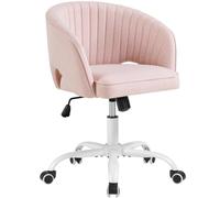 Yaheetech Silla de Oficina Ergonómica con Respaldo Acolchado de Canales, Silla de Maquillaje de Tela con Ruedas, Asiento Ajustable en Altura para Dormitorio, Estudio o Salón, Rosa
