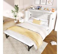 YAIXBNG Armario cama de 140 x 200 cm, con un cajón, cama móvil con compartimento de almacenamiento junto a la cama, con conectores USB y tipo C, cama con plataforma convertible, sin colchón, lino