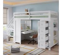 YAIXBNG Cama alta multifuncional para niños con espacio de almacenamiento y área de aprendizaje, litera, mesa empotrada, cajones, estantes laterales, madera de pino+MDF, color blanco, 90 x 200 cm